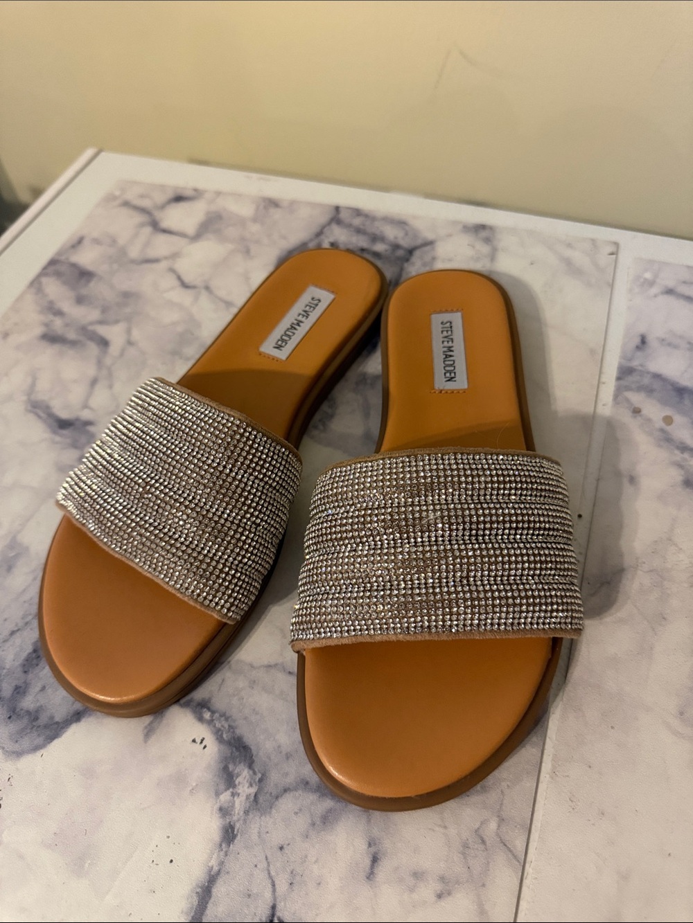Steve Madden Tan Slide Sandals with Sparkling Silver Strap